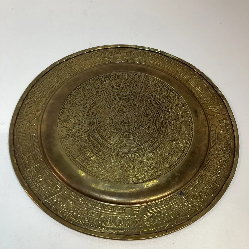 Vintage Aztec Calendar Brass Wall Hanging Plate